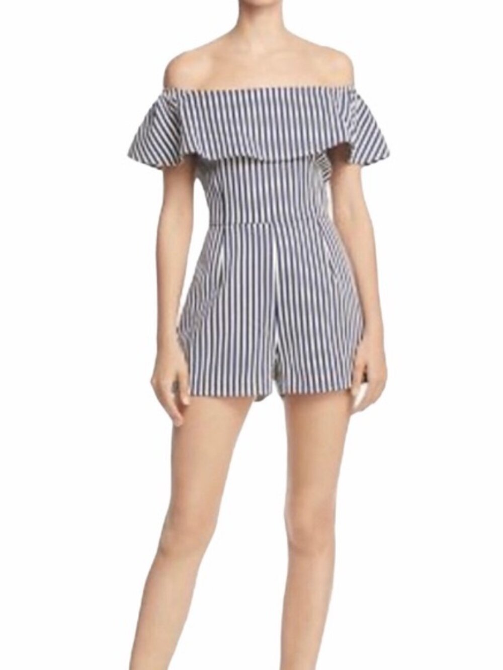 AQUA Womens Blue & Ivory Striped Ruffle Romper